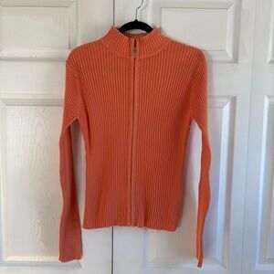 CACHE Orange Ribbed Long Sleeve Zip‎ up Cardigan Sweater Y2K 4 Preppy Apres Ski